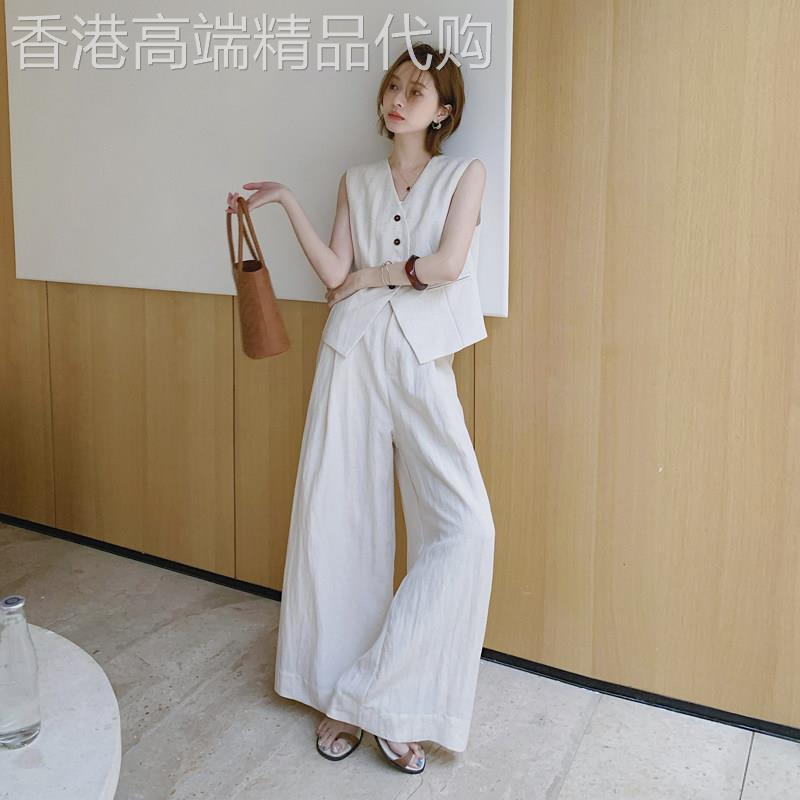 气质高级老钱风穿搭亚麻套装女2026夏季新款西装马甲阔腿裤两件套