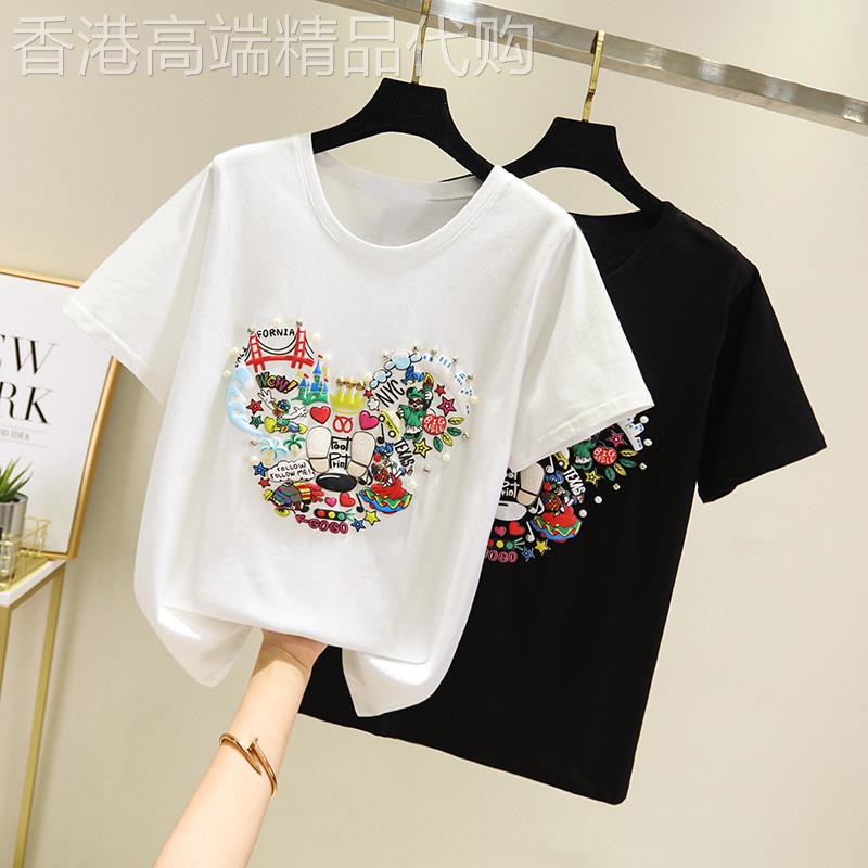 香港潮牌卡通短袖T恤女夏装个性印花白色钉珠宽松体恤上衣超火ins
