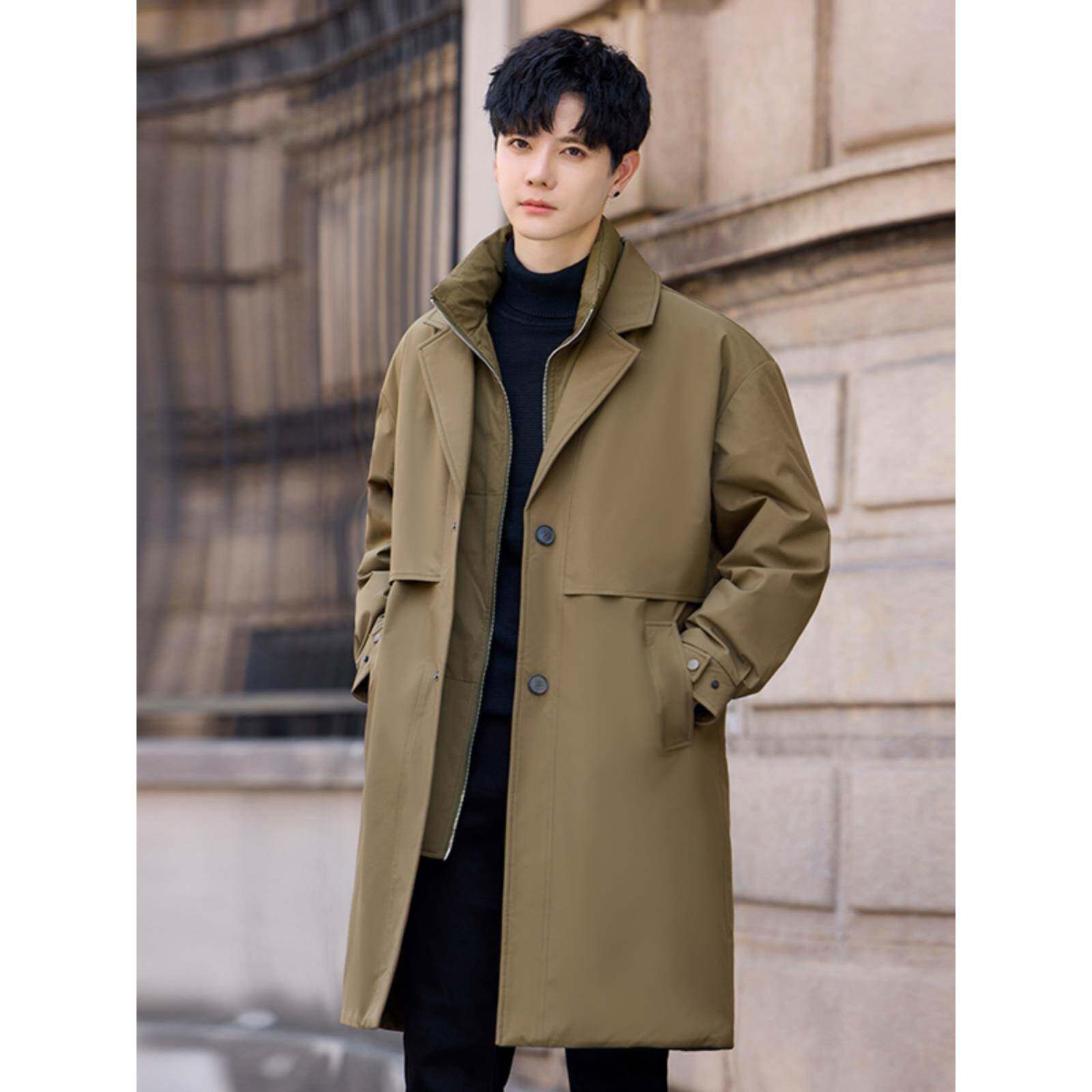 高端假两件西装羽绒服男中长款冬季新款加厚保暖潮牌休闲帅气风衣