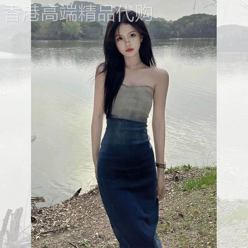 法式蓝色抹胸牛仔连衣裙女夏2025新款小个子收腰无袖一字肩长裙子