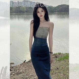 法式蓝色抹胸牛仔连衣裙女夏2025新款小个子收腰无袖一字肩长裙子