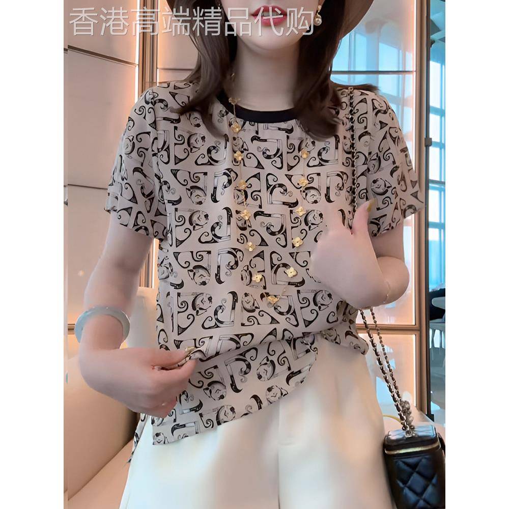 圆领短袖t恤女夏季薄款2025新款洋气减龄印花百搭雪纺休闲上衣潮