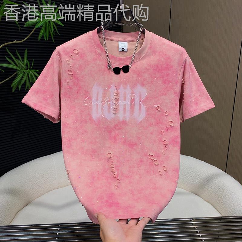 潮牌痞帅时尚亮片圆领上衣男士夏季新款破洞半袖印花休闲百搭短袖