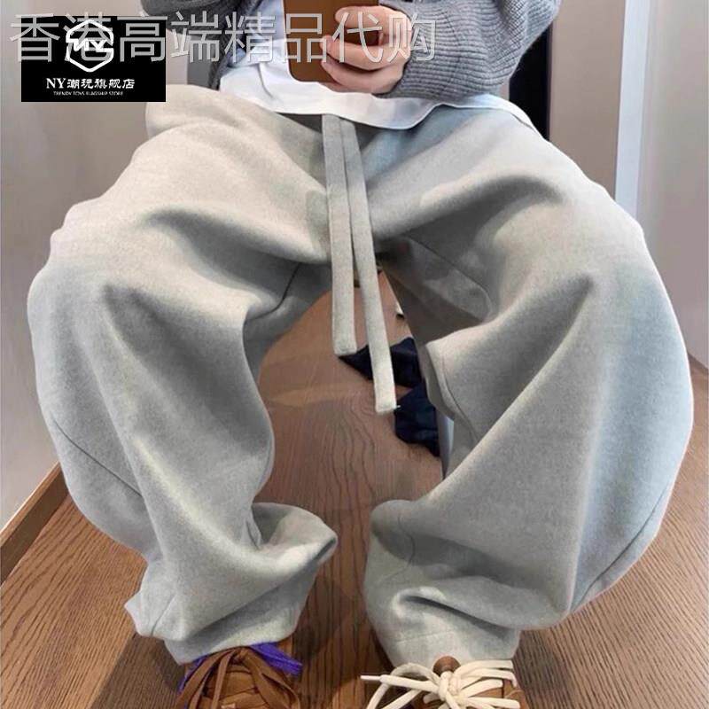 NY潮牌2025新款冬季百搭灰色松紧腰飘带纯色呢料弯刀裤休闲裤男款