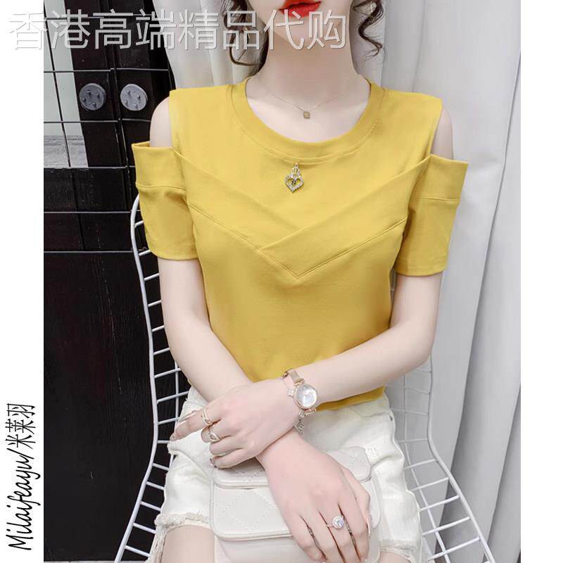 短袖T恤女时尚百搭洋派2026年新款夏露肩短款修身显瘦小众上衣薄