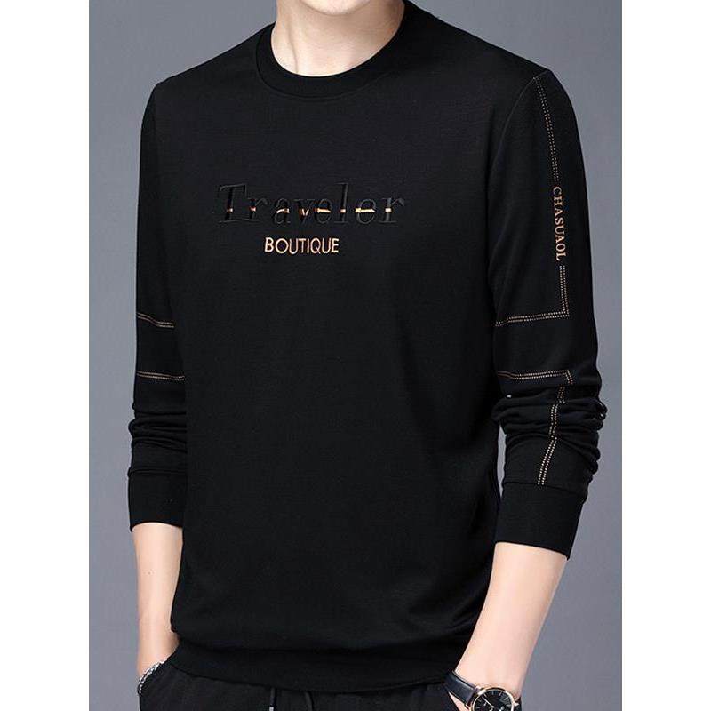 2025春秋季新款男士圆领卫衣休闲高级感上衣纯棉长袖t恤打底衫男