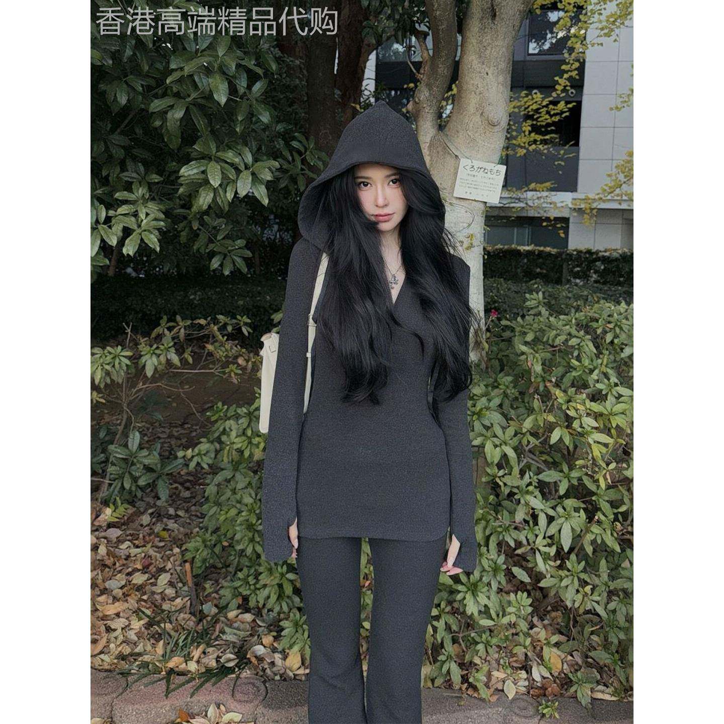 米兰风MDCW初秋搭配一整套大码连帽卫衣裤子休闲运动高级黑色套装