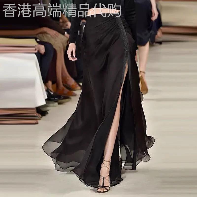 黑色雪纺半身裙女夏季薄款2026新款高腰显瘦a字中长版开叉包臀裙