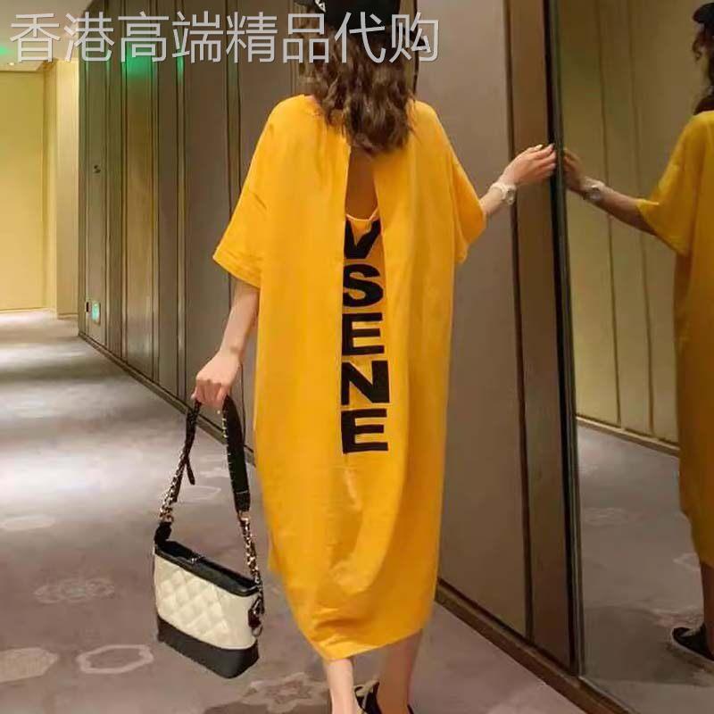 后背镂空T恤裙女夏欧货字母印花露背孕妇洋装中长版纯棉懒人裙