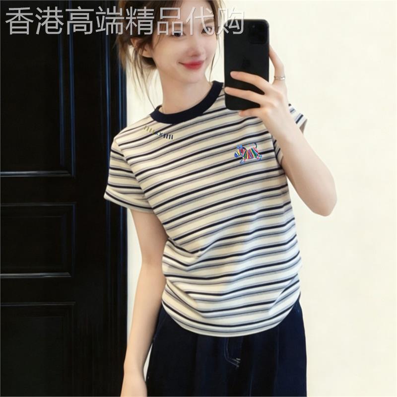 港味chic复古撞色条纹圆领短袖T恤女夏季小个子时尚减龄百搭上衣
