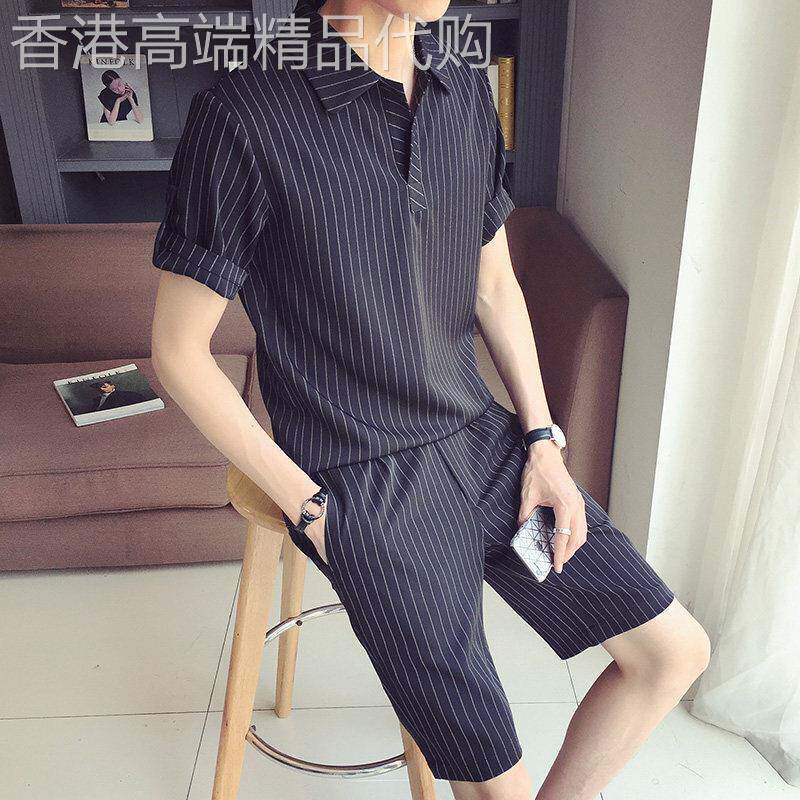 香港冰丝t恤短袖男套装夏季薄款宽松休闲条纹ins冰感速干两件套装