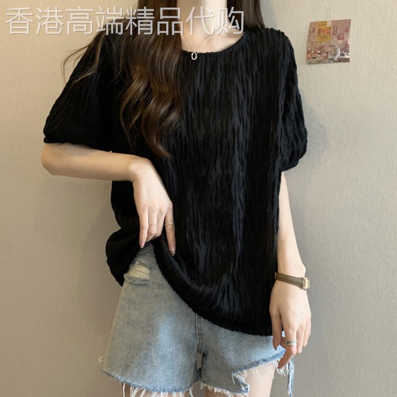 大码女装韩版圆领遮肚子短袖打底衫夏季胖妹妹百搭设计感褶皱上衣
