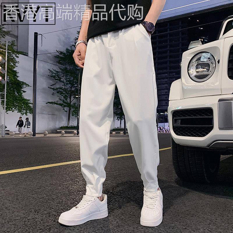 潮牌冰丝裤子男款夏季薄款男装潮流痞帅男裤哈伦裤束脚休闲运动裤