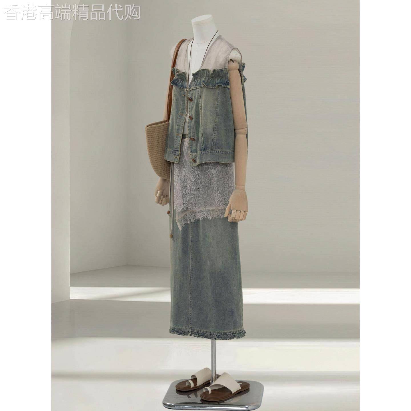 牛仔套装女2026夏季新款设计感蕾丝拼接无袖背心两件套高腰半身裙