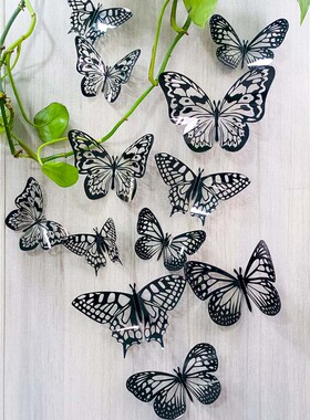 黑色3d立体蝴蝶墙贴12只装客厅儿童房间幼儿园教师装饰防水墙贴画