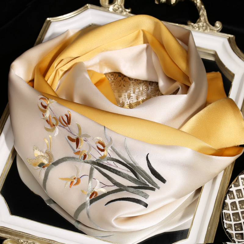 真丝围巾女士春秋季百搭丝绸旗袍小披肩送礼盒刺绣兰花桑蚕丝丝巾