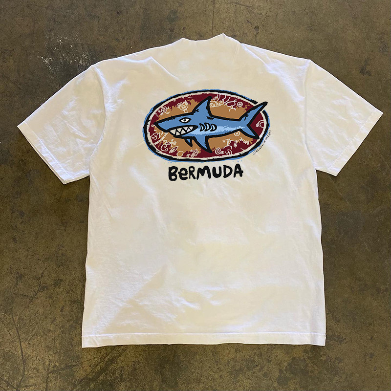 260g重磅不透个性设计感蓝鲨鱼印花T恤夏季纯棉圆领短袖男女同款