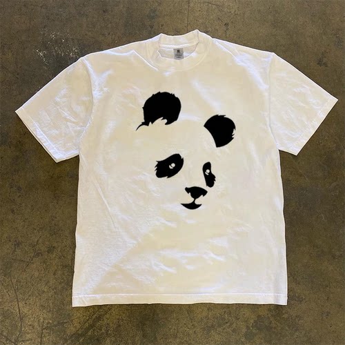 260g不透忧伤的熊猫印花T恤夏季纯棉圆领短袖男女同款小众设计