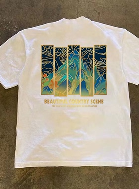 260g重磅不透小众国潮山水休闲印花T恤夏季纯棉圆领短袖男女同款