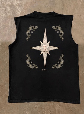 2024新款黄金八角星夏季背心男休闲坎肩无袖T恤纯棉套头马甲宽松