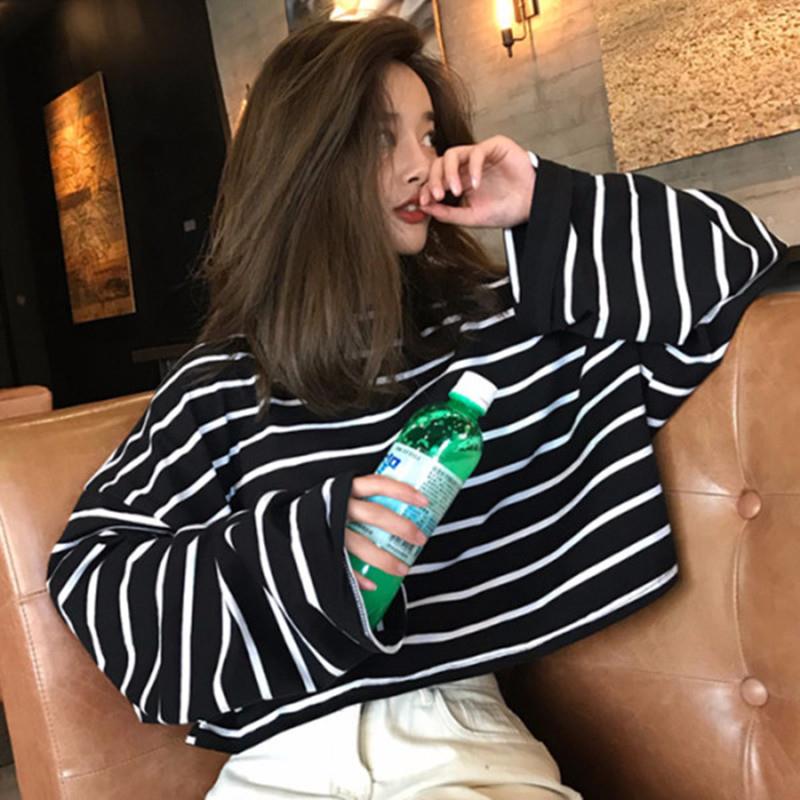 黑白条纹长袖学生打底t恤女条纹T恤女新款混纺棉韩版宽松圆领百搭
