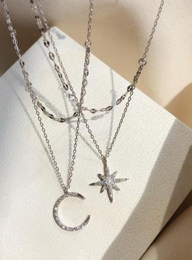 sterling Star Moon Double Necklace Women Clavicl
