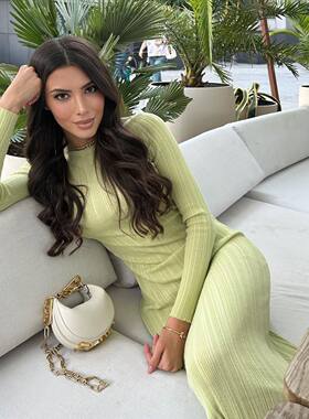 core-spun yarn long sleeved knitted long dress for women