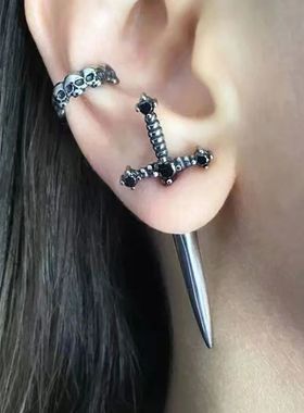 Gothic Kinitial Sword Earrings Vintage Cool Punk Crystal Ear