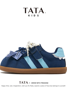 TATA童鞋儿童蓝色德训鞋2025秋季新款女童运动鞋蝴蝶结百搭休闲鞋