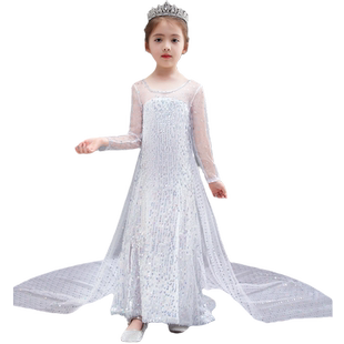 冰雪奇缘2艾莎女王亮片长款连衣裙披风拖地白色elsa公主裙女童裙