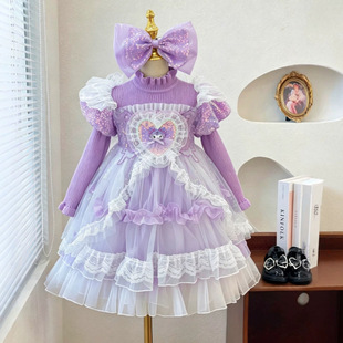 秋冬女童库洛米公主裙针织毛衣裙保暖舒服外穿裙子紫色气质高端裙
