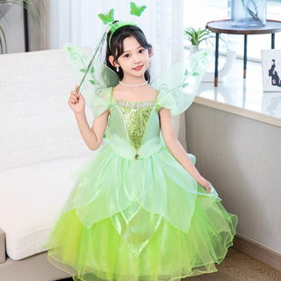 女童六一儿童节表演服绿色小精灵翅膀裙子蓬蓬网纱裙蒂安娜公主裙