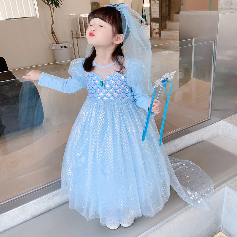 女童美人鱼公主裙鱼鳞亮片灯笼袖高端长裙生日礼物走秀主持人礼服