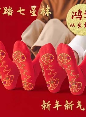 七星连珠红色脚踏袜子本命年红袜子男士女士刺绣吸汗结婚透气防臭