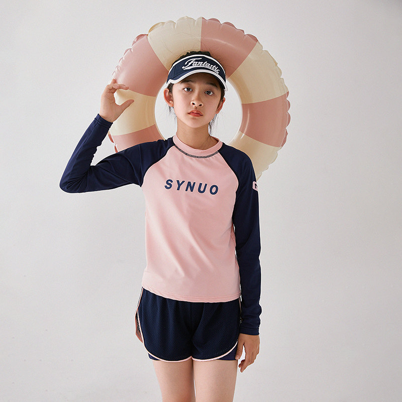 夏季女大童泳衣初中生保守分体长袖带胸垫泳装24新款12岁女孩泳衣