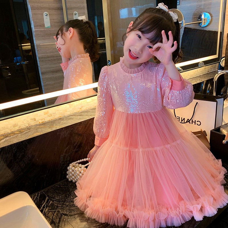 女童连衣裙春装长袖儿童公主裙新款亮片网纱裙粉色小女孩洋气裙子
