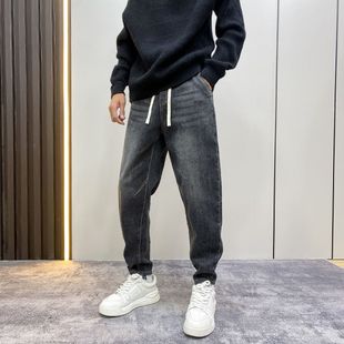 小腳褲 夏季 子男 松緊腰修身 休閑時尚 薄款 煙灰色抽繩彈力黑色牛仔褲