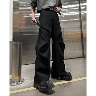 子垂坠感高级感直筒休闲裤 美式 宽松阔腿裤 男夏季 黑色褶皱微喇西裤