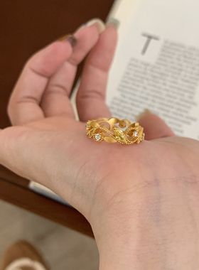 Vintage中古风拉丝黄钻树叶戒指微镶重工镂空高级气质小众食指戒