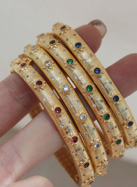 城南花窗/意大利宫廷拉丝手镯轻奢镶绿复古开口手环高保色