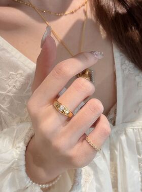 中古风Vintage轻奢简约时尚光面方钻戒指日常个性复古叠戴食指戒