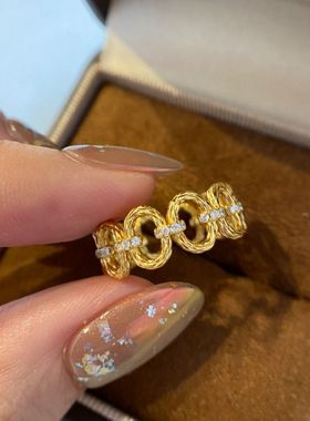 Vintage中古镂空镶钻环环相扣戒指弹簧个性时尚百搭老钱风食指戒