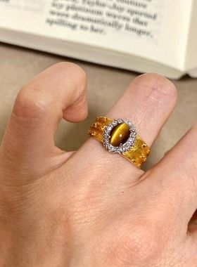 Vintage中古风拉丝满天星虎眼石戒指高级感复古新中式精致食指戒