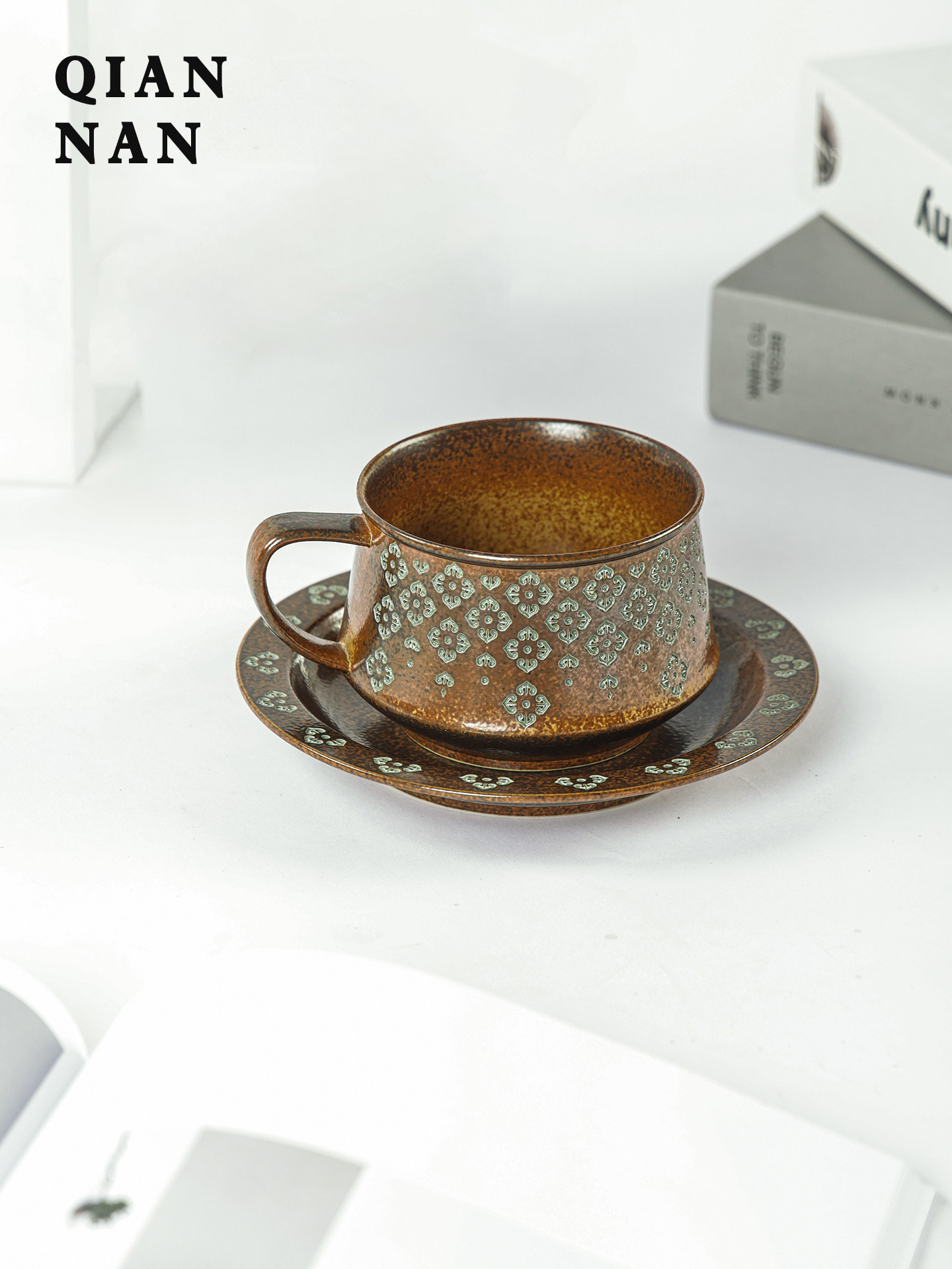 采购产品杯碟套装,高档咖啡杯,新中式覆古绿陶杯,家庭个人水杯