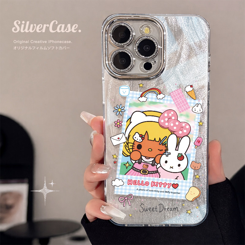桔子猫羽纱镭射适用iphone17手机壳16promax苹果15保护套12女14pro高级感17闪粉自带镜头膜max小众15plus银色