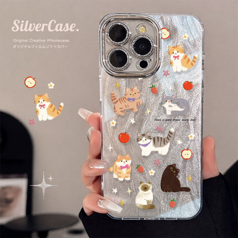桔子猫羽纱镭射适用iphone17手机壳16promax苹果15保护套12女14pro高级感17闪粉自带镜头膜max小众15plus银色