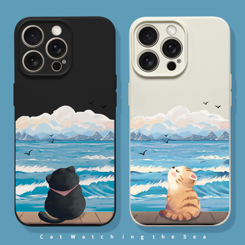 适用苹果15pro情侣手机壳iphone16promax镜头全包15plus可爱创意猫咪看海12pro新款14promax硅胶软壳xr防摔11