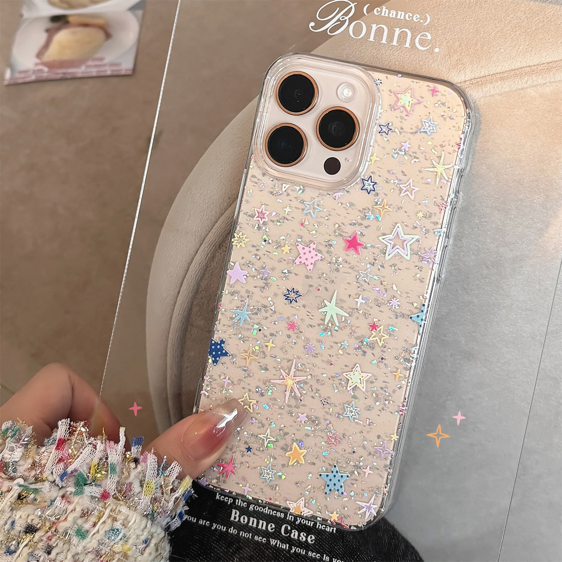 桔子猫ins闪粉彩色星星适用iphone15promax手机壳日韩风x苹果14新款16pro保护套13透明plus防摔11全包xsmax女