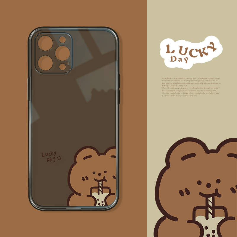适用于苹果14promax透黑手机壳iphone15新款小熊喝奶茶12promax硅胶11软壳xr镜头全包xsmax防摔x/xs可爱女款