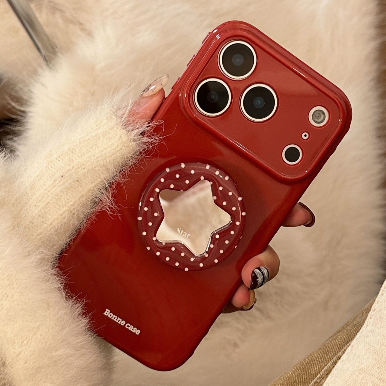 桔子猫韩系ins风波点星星适用苹果17新年红色手机壳17promax创意英文16Pro镜面支架iphone15高级感14个性女款